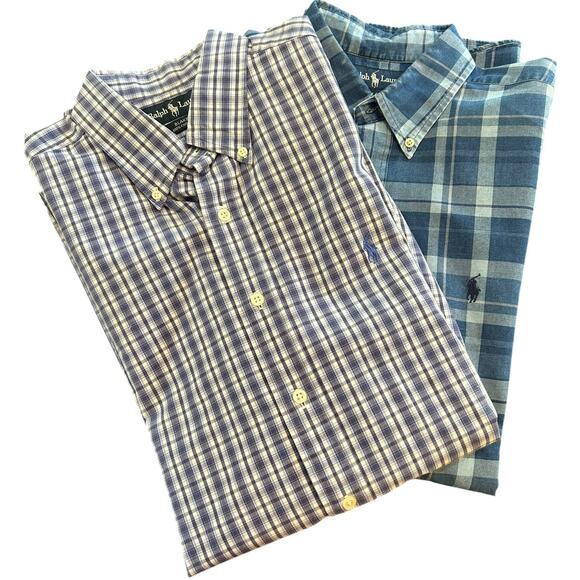 RALPH LAUREN Blake Fit Bundle of 2 Blue Plaid Short Sleeve Button Down LARGE - Picture 1 of 7